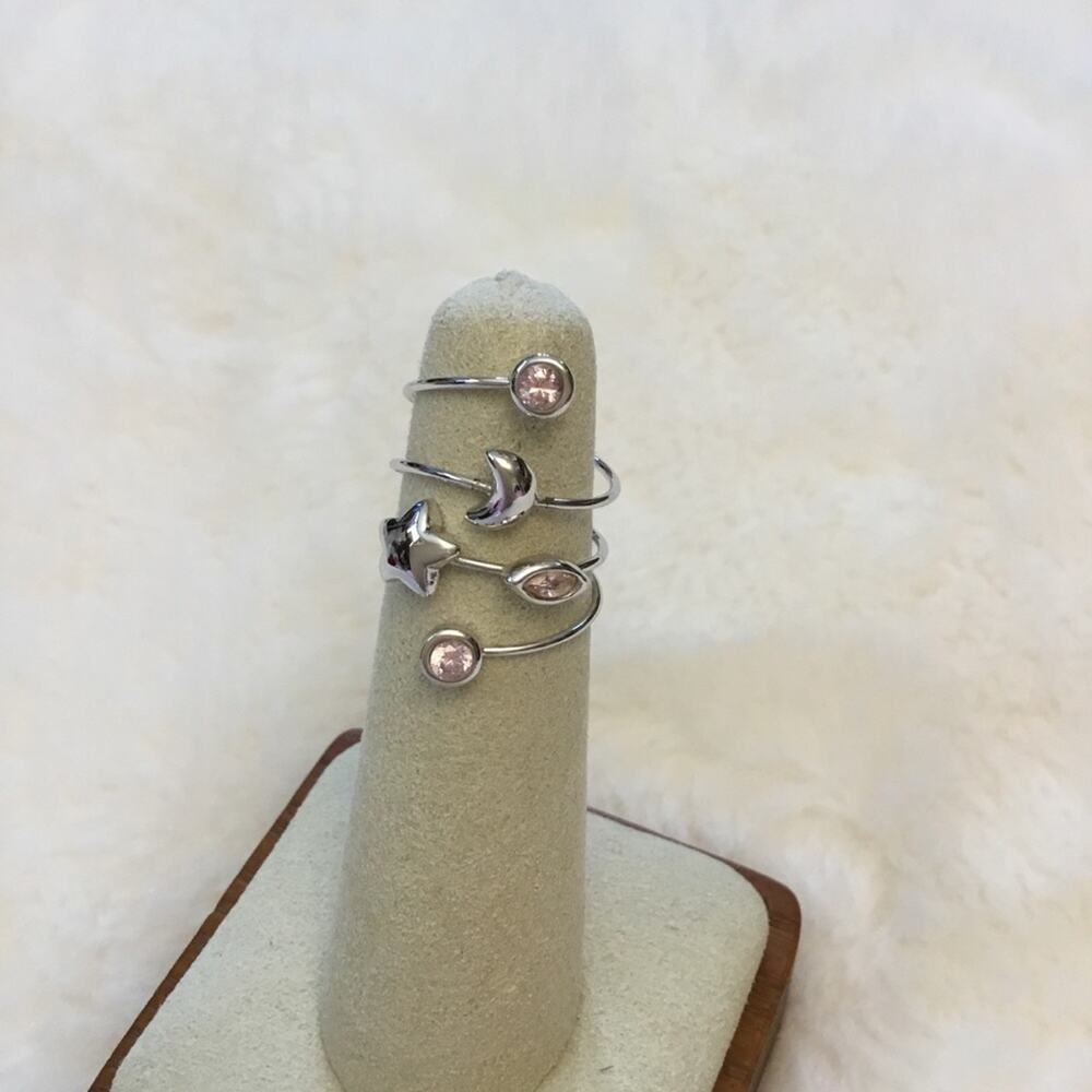Silver Star, Moon &  Pink Crystals Ring